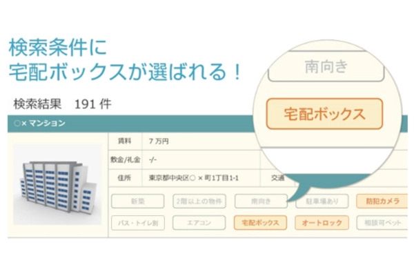 物件検索サイトの検索条件に「宅配ボックス」が選ばれる。